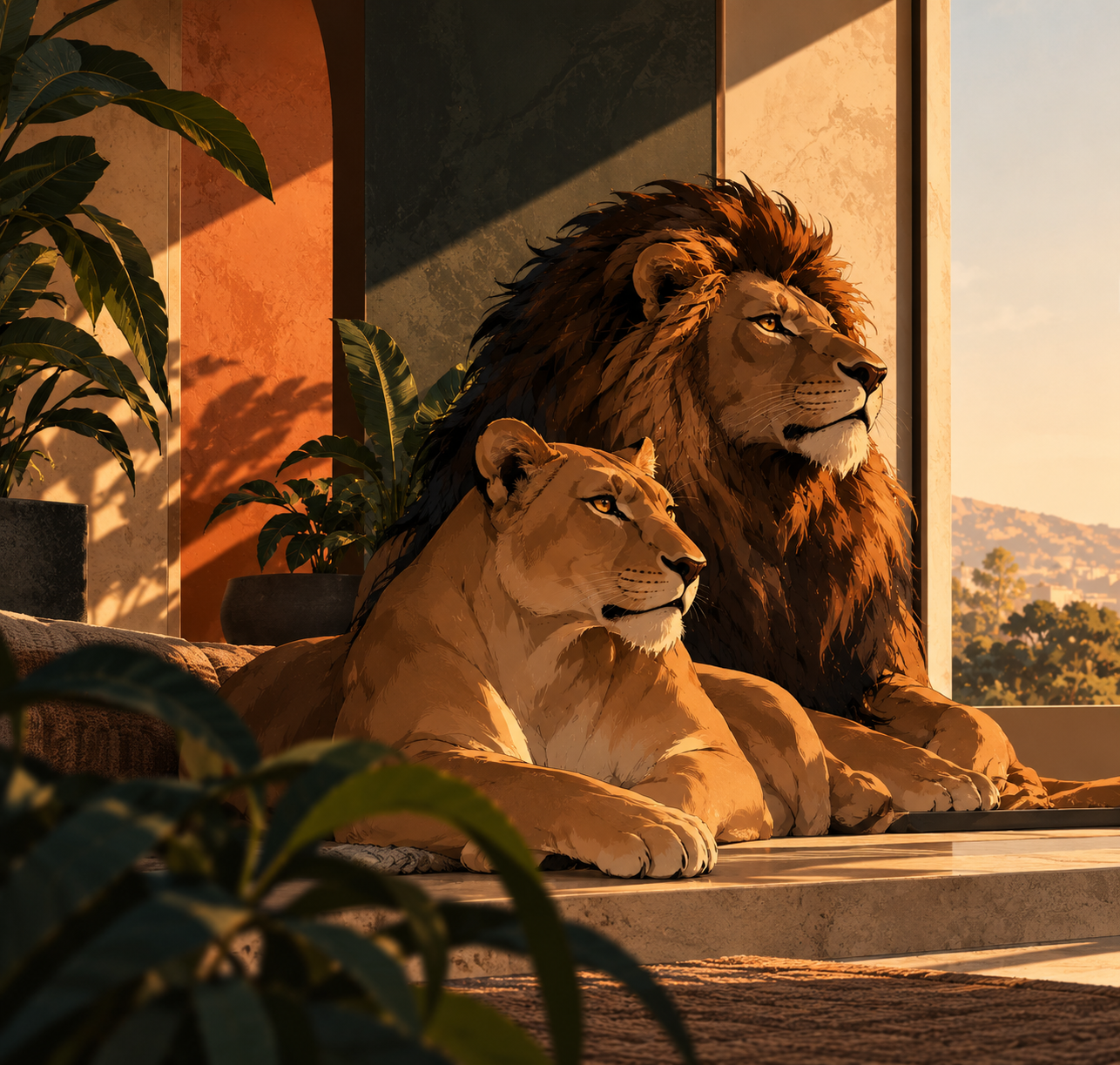 Two lions resting together in a warm, peaceful interior at sunset.
