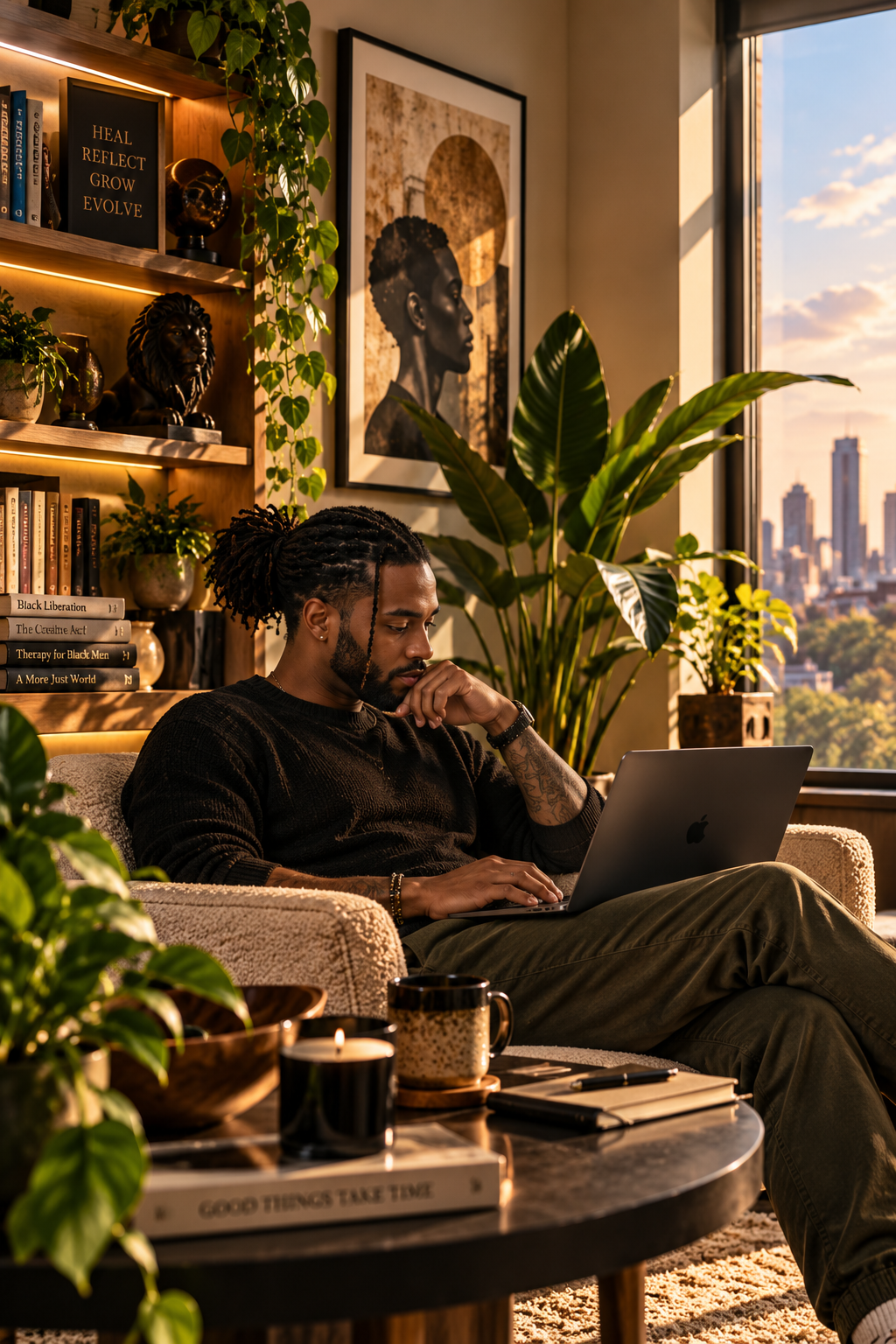 Black man with locs working on a laptop in a warm, plant-filled living space.