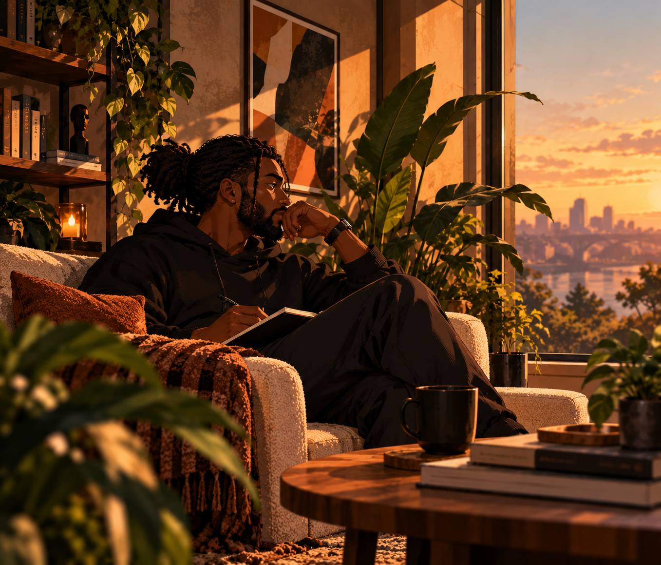 Black man with locs sitting thoughtfully with a notebook in a warm, plant-filled room at sunset.