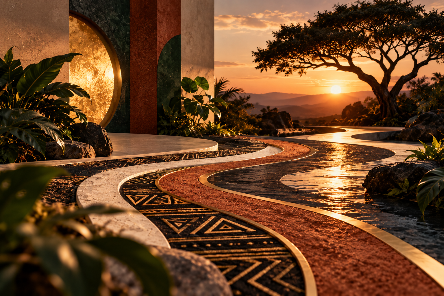 Winding patterned pathway surrounded by lush greenery, leading toward an open landscape at sunset.
