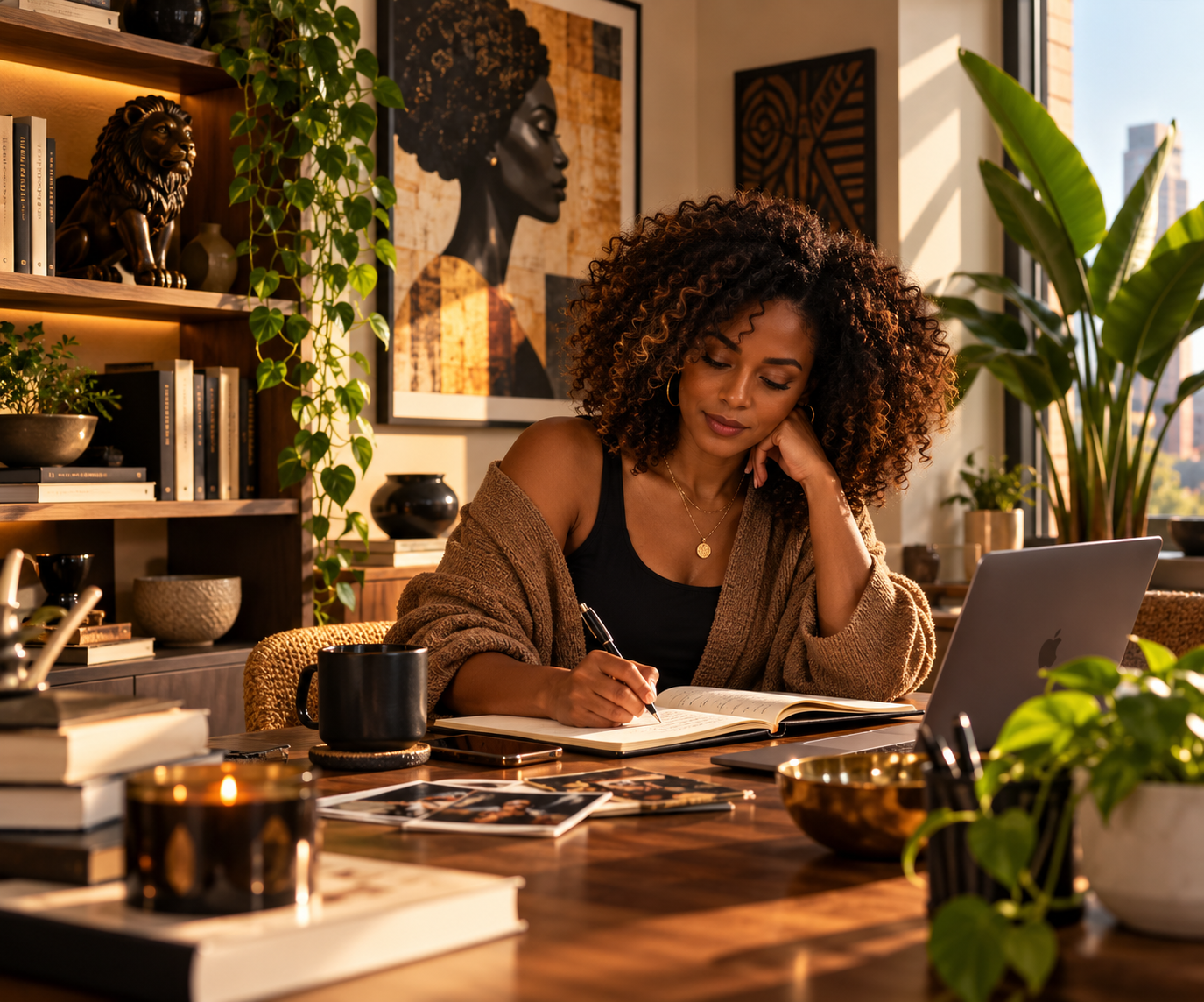 Black woman with curly hair writing in a notebook at a desk surrounded by books, plants, and artwork.