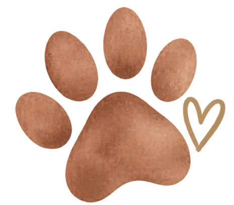 A brown paw print with a yellow heart outline on the side.