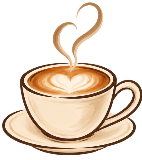 Drawing of a steaming cup of coffee with a saucer.