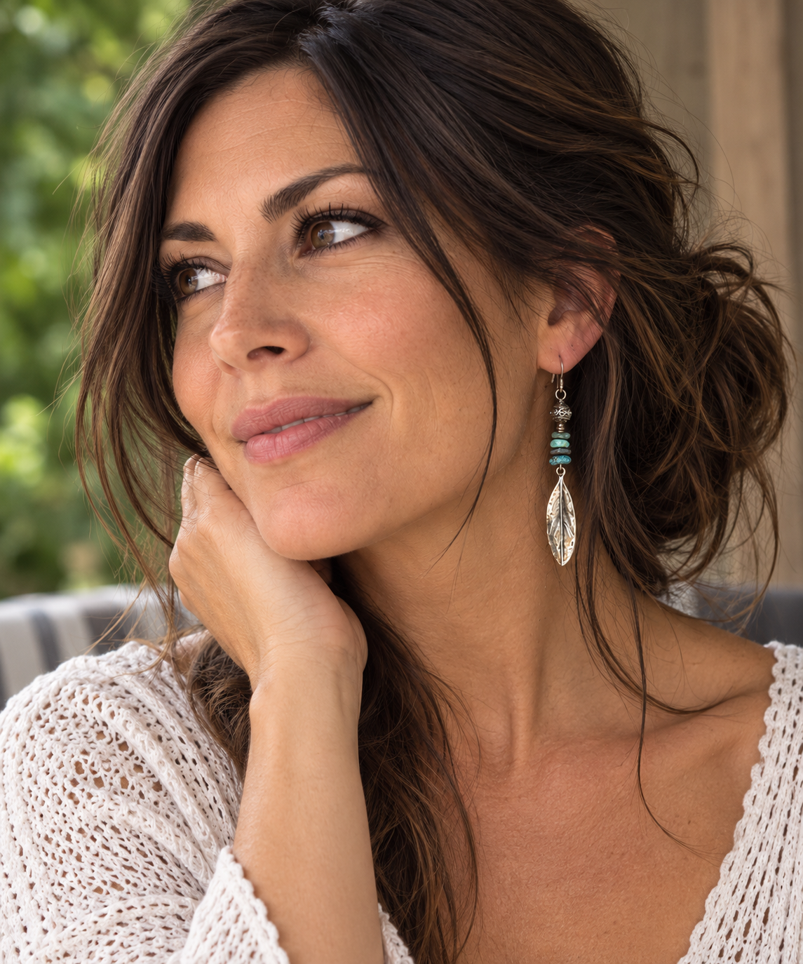 Sunlit Portrait with Turquoise Leaf Earring.png