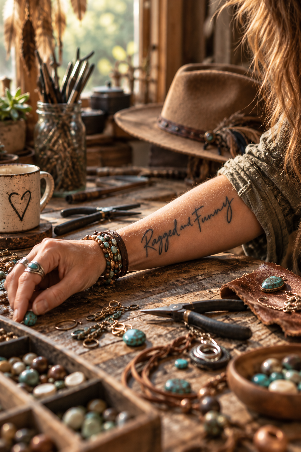 A person with jewelry and a tattoo that says "Ragged and Funny" working at a rustic wooden table with jewelry-making supplies, a mug with a heart, a hat, and a window showing greenery outside.