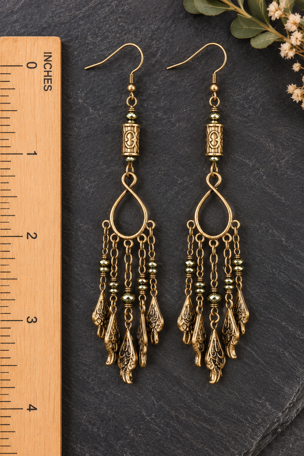 Bohemian Brass Chandelier Earrings Flat Lay Ruler.png