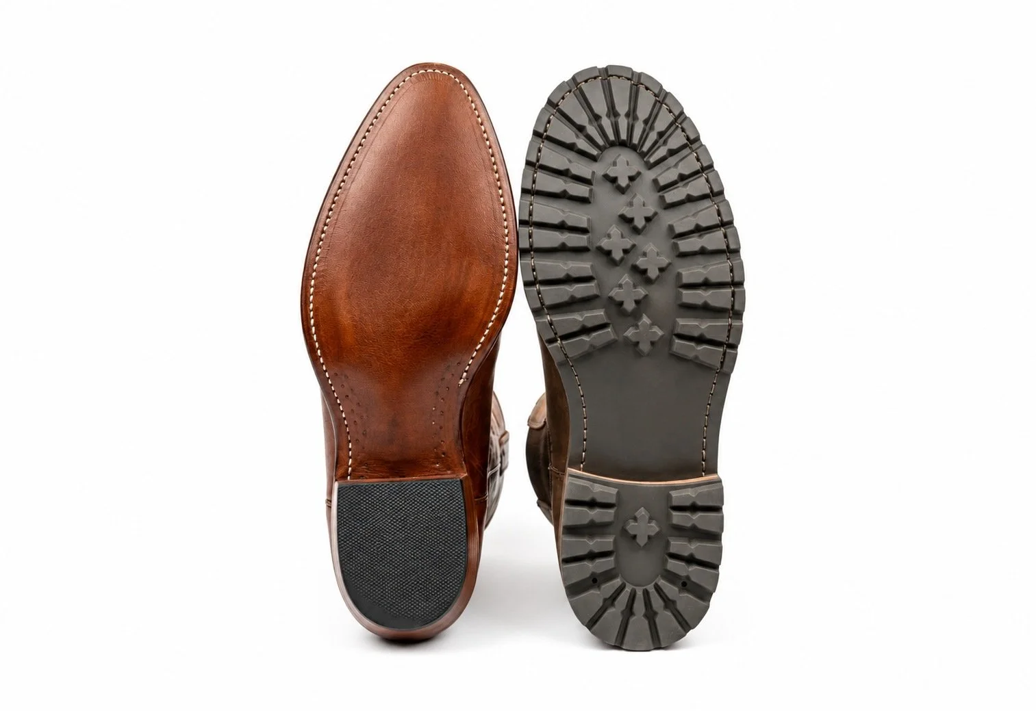 Leather and rubber shoe soles on a clean white background