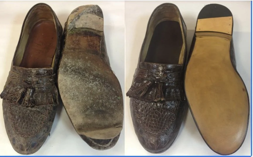 Comparison of well-worn and restored leather loafers, showing before and after views.