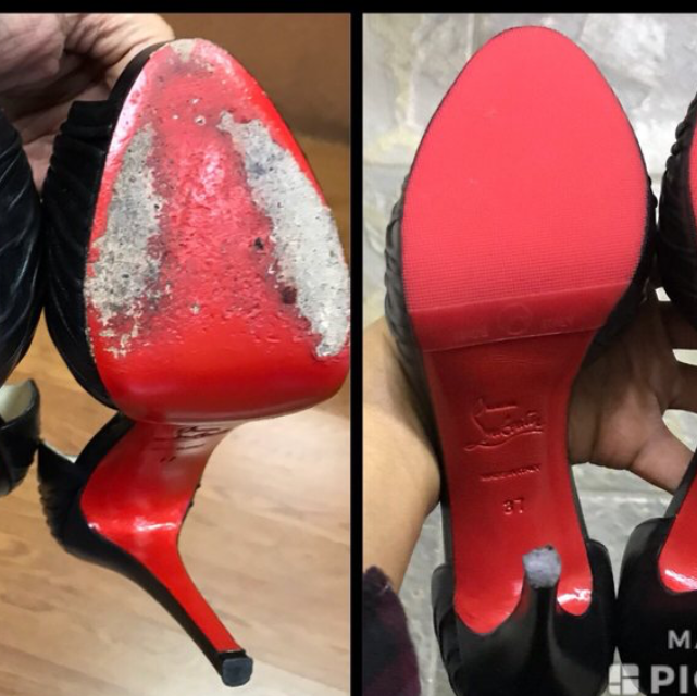 Comparison of two shoe soles, one heavily worn and dirty, the other new and clean.