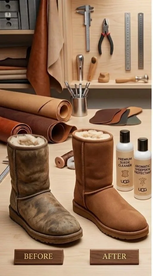 Comparison of a dirty, worn pair of winter boots labeled 'Before' and a clean, restored pair labeled 'After' on a workbench surrounded by leatherworking tools and supplies.