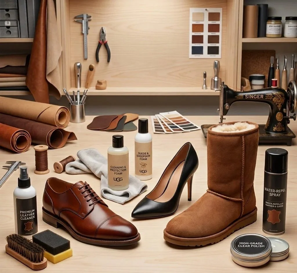 Leather shoe, suede boot, high heel shoe, shoe polish, brushes, leather cleaner, foam bottles, water-repellent spray, tools, fabric samples, and a sewing machine on a wooden workbench in a shoemaker's workshop.