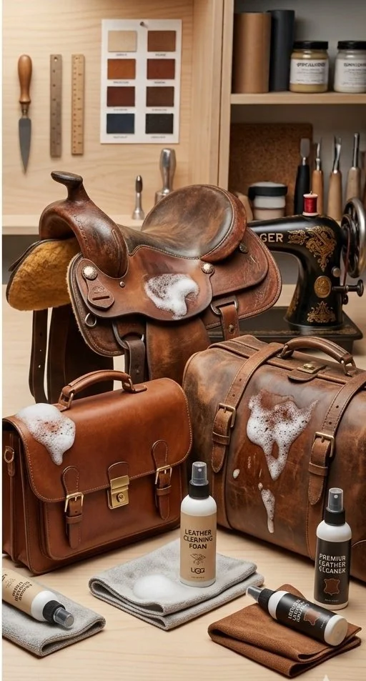 Leather cleaning supplies, bags, and saddle on a workbench in a leather workshop.