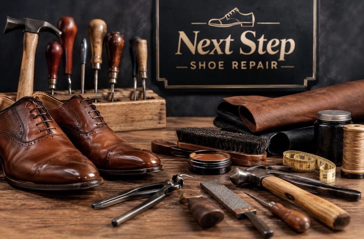 A pair of polished brown leather dress shoes, various shoemaking tools including a hammer, leathercraft knives, and a measuring tape, and supplies such as leather pieces, thread, and a shoe brush, on a wooden workbench in a shoe repair shop with a sign that reads "Next Step Shoe Repair."