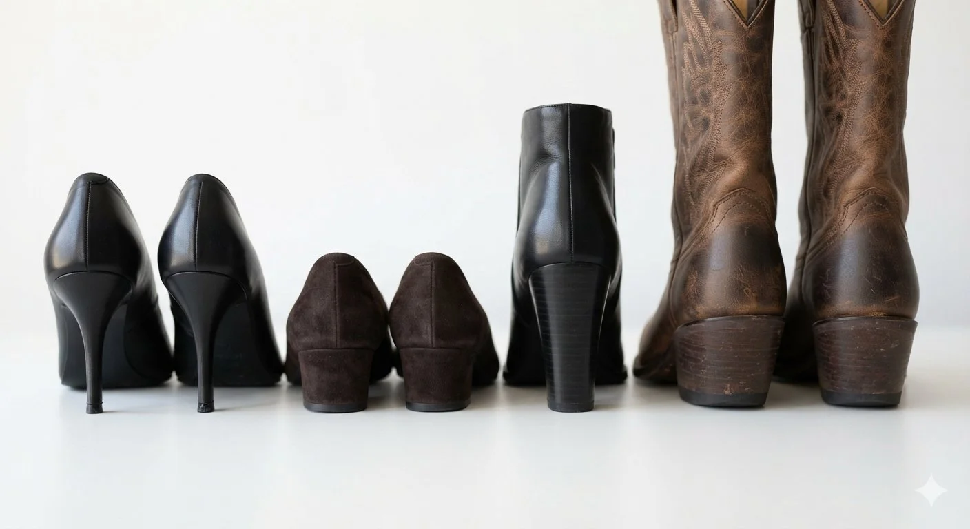 Five pairs of women's shoes arranged in a row from smallest to largest, including black high heels, brown suede heels, black ankle boots, and tall brown leather boots.