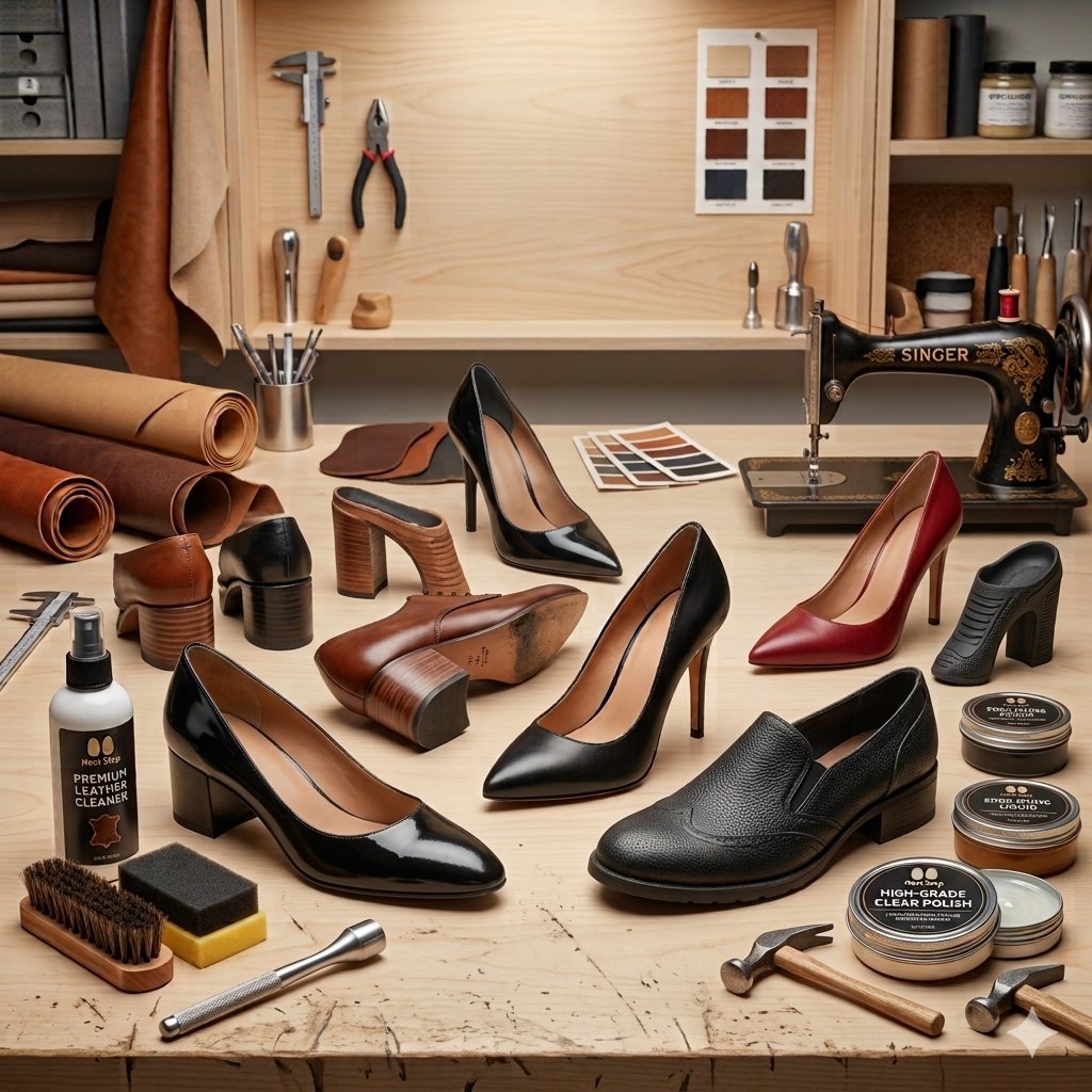 A shoemaking workshop with various high-heeled shoes, shoe polish, brushes, leather swatches, and a vintage Singer sewing machine on a wooden workbench.