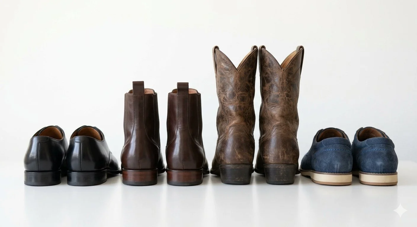 Three pairs of black, brown, and blue shoes arranged from left to right, with the pairs facing away from the viewer and the boots in the middle facing forward.