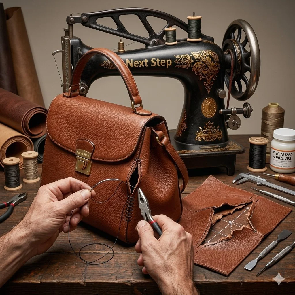 A craftsman repairing a brown leather handbag using a needle and pliers, surrounded by sewing tools, thread spools, and a vintage sewing machine labeled 'Next Step' in a workshop setting.
