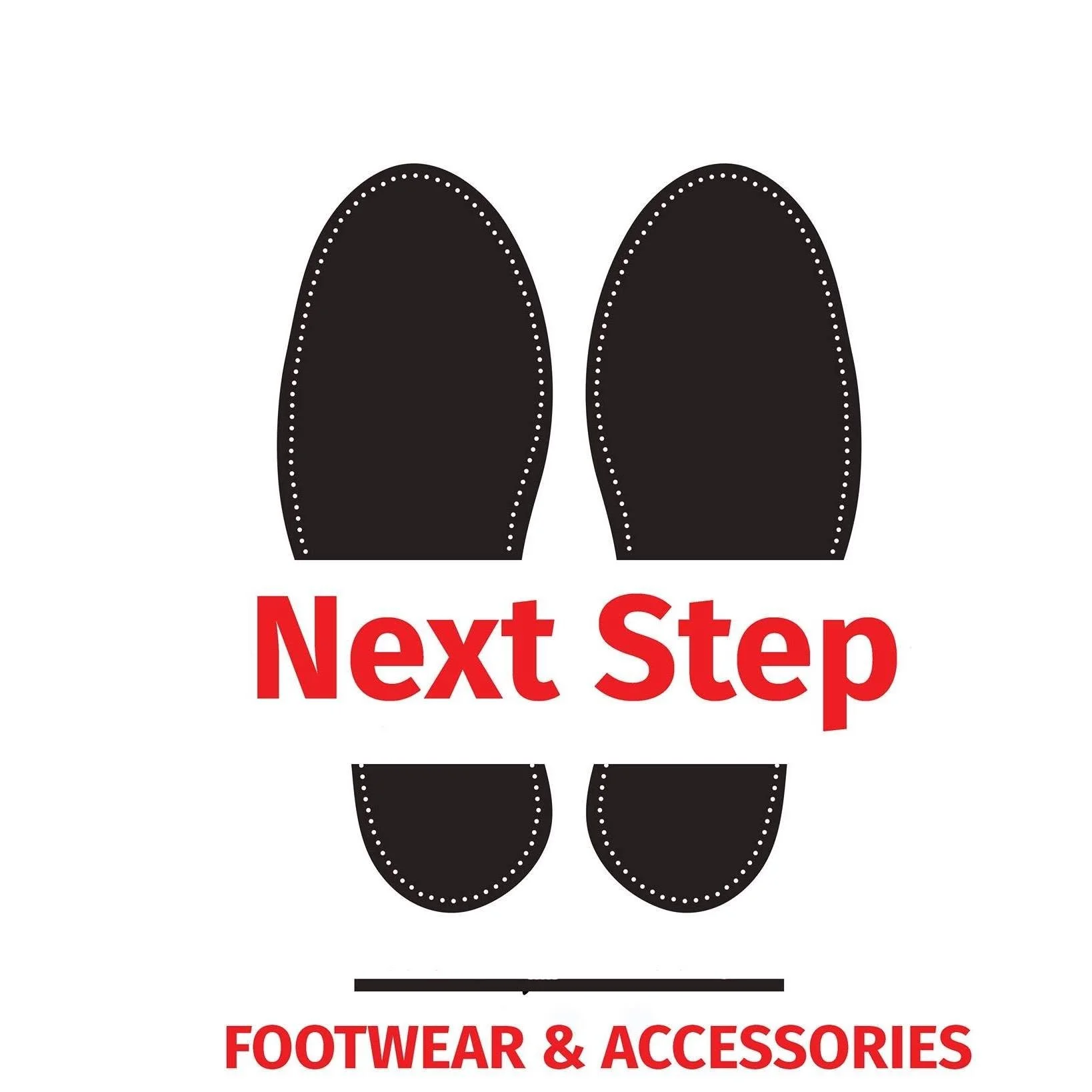 Sign with two black shoe icons, red text saying 'Next Step', and below in red 'FOOTWEAR & ACCESSORIES'.