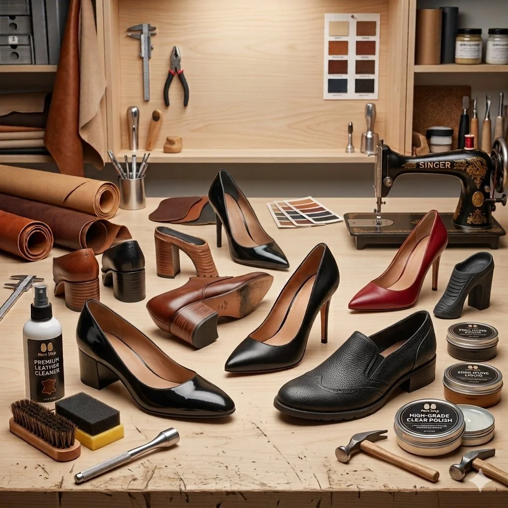 A workbench with various women's shoes, shoe polish, brushes, and shoe repair tools, suggesting a shoe repair or cobbling workspace.