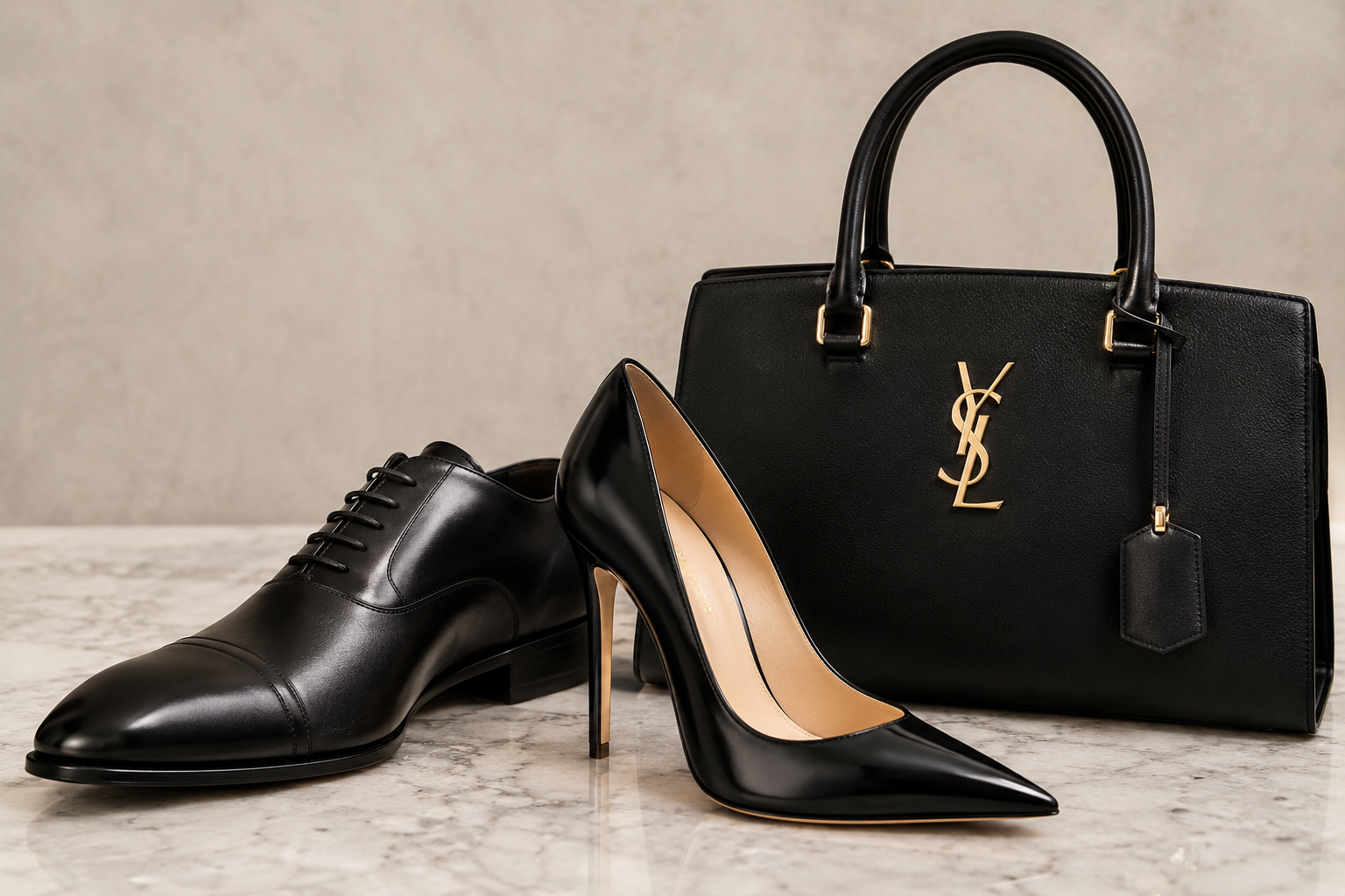 Black designer handbag and high heel shoe placed on marble surface, with a black leather shoe on the left and a pointed-toe high heel on the right, both accessories with gold accents.