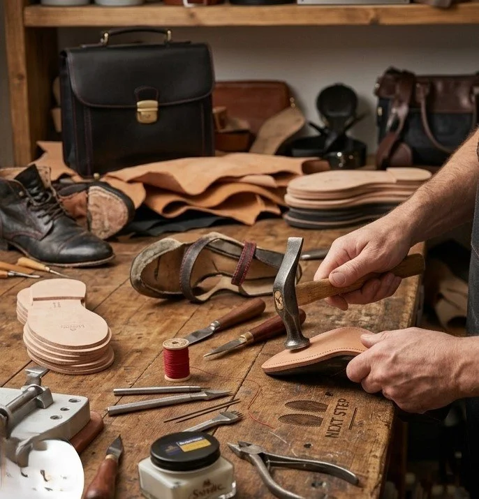 Shop workspace with leather shoes, tools, and leather pieces, where a person is working on shoe repairing or crafting.