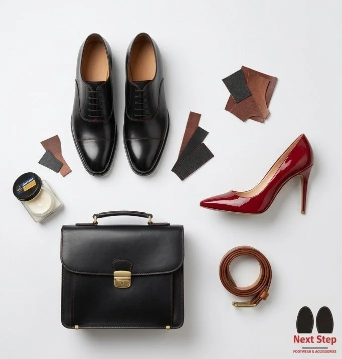 Black dress shoes, red high heels, a black briefcase, an orange belt, shoe polish, and shoe repair patches arranged on a white surface, with a logo for Next Step footwear and accessories in the bottom right corner.