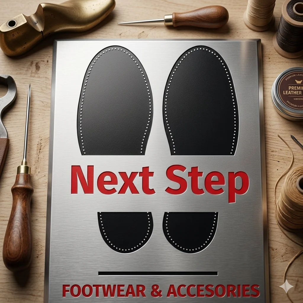 Shoe soles and leatherworking tools surrounding a sign that says "Next Step FOOTWEAR & ACCESSORIES" with two shoe sole templates.