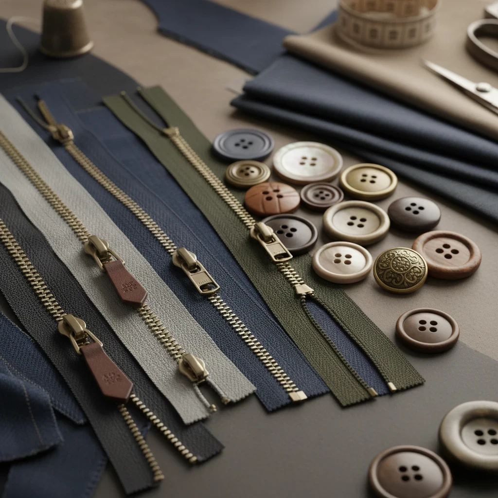 Close-up of fabric zippers in various colors and buttons arranged on a table, with sewing supplies in the background.
