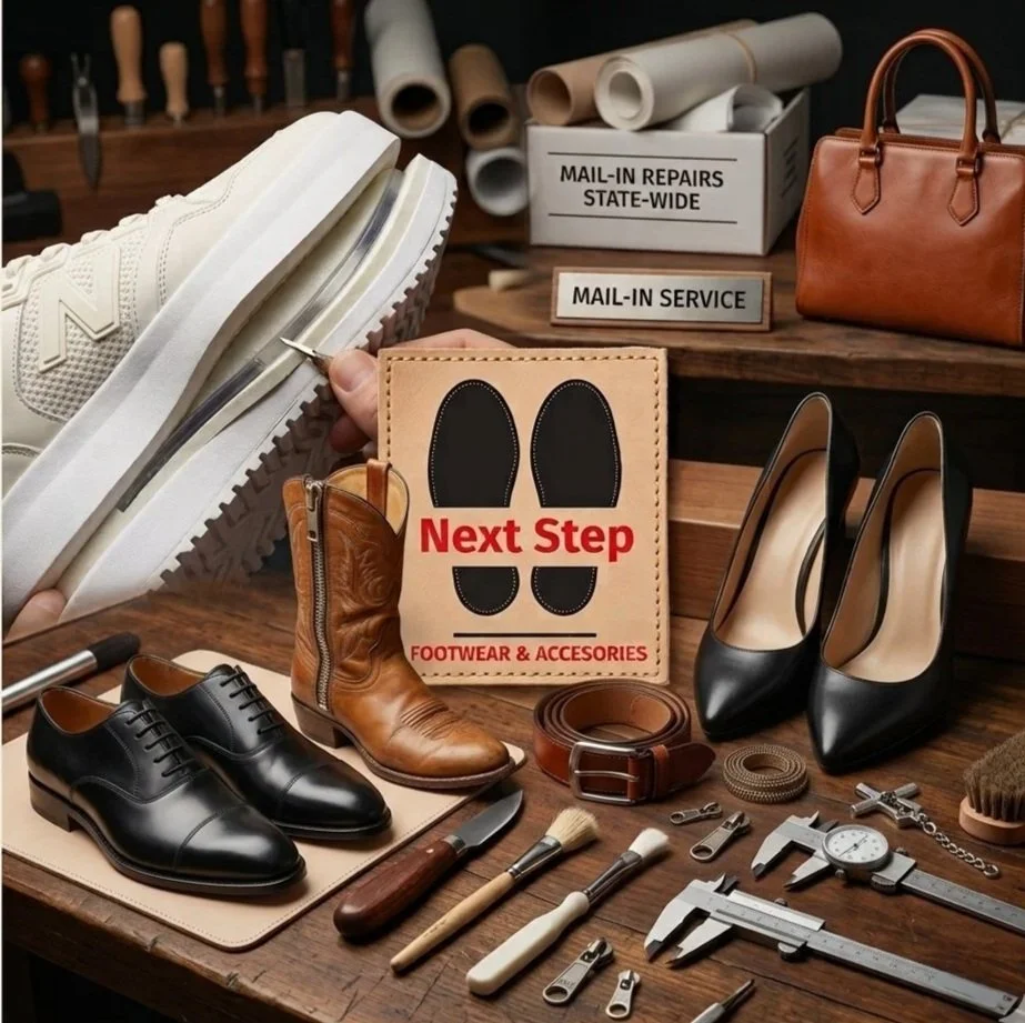 A shoe repair shop with various tools and footwear, including black dress shoes, brown leather boots, and black high heels, with signs for mail-in repairs and footwear accessories.