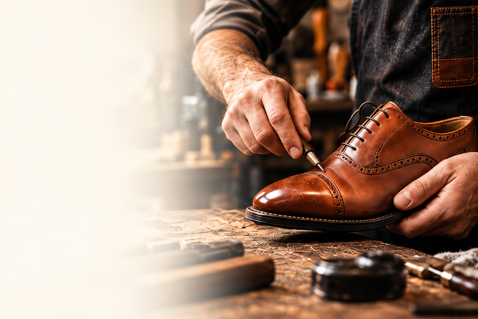 A cobbler carefully repairing a brown leather Oxford shoe