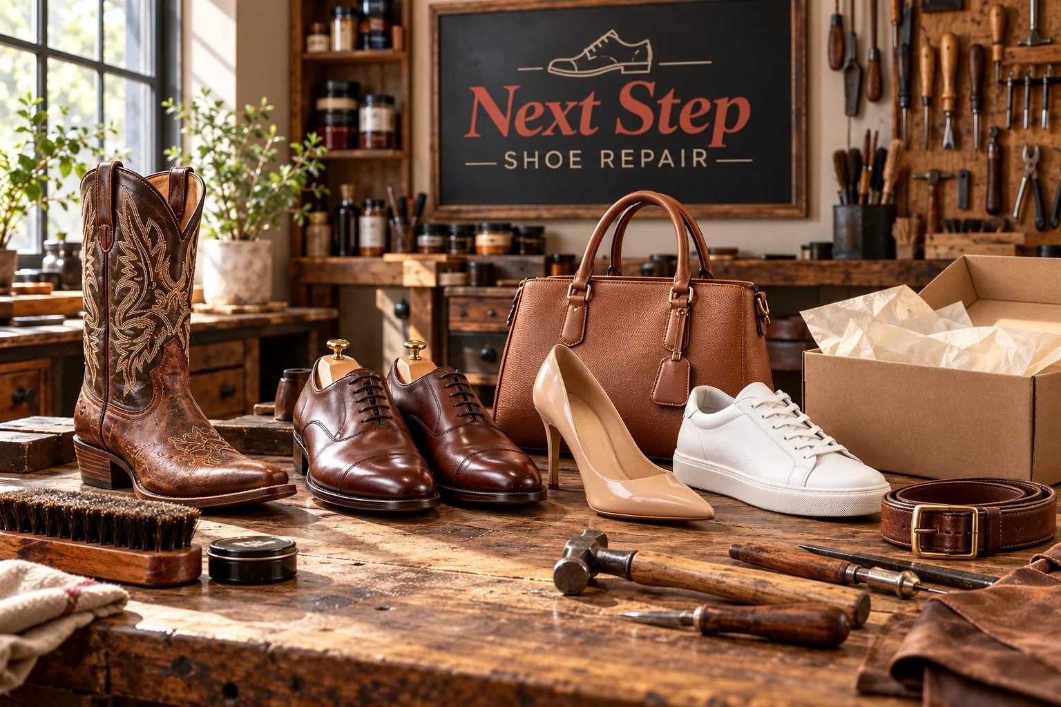 Cowboy boot, dress shoes, heel, sneaker, handbag and mail-in box at a Next Step Shoe Repair workbench