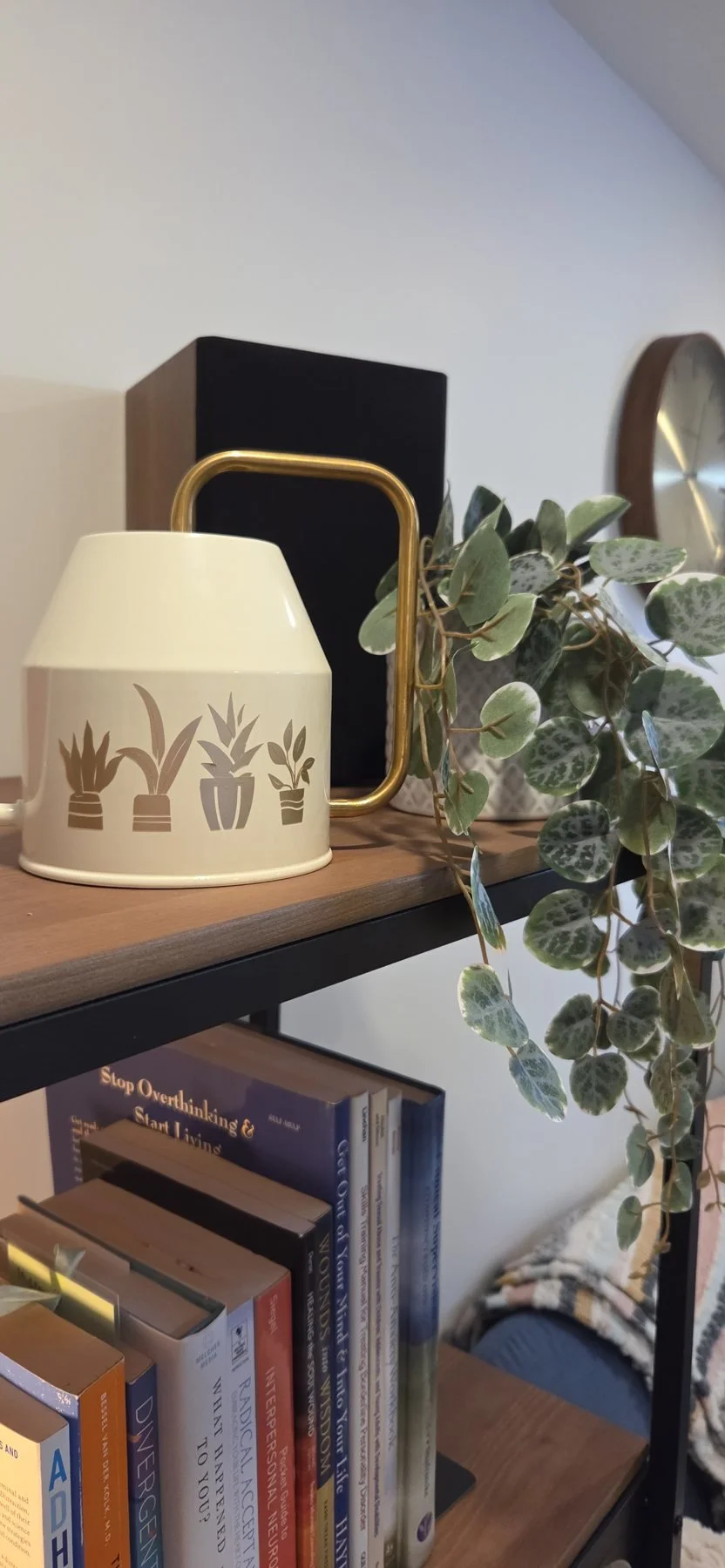 Decorative shelf with potted plant, black speaker, and a vase, above a collection of books, with a clock partially visible in the background.