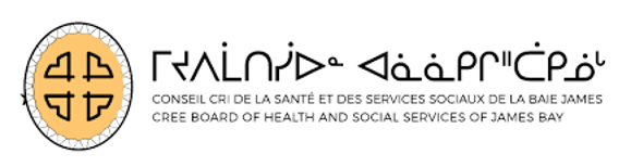 Logo with a yellow circular symbol containing a cross, and text in French and English for the Board of Health and Social Services of James Bay.