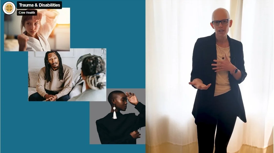 A woman giving a presentation about trauma and disabilities, with images of diverse people experiencing emotional distress and seeking help displayed on a slide. She is standing in front of a window.