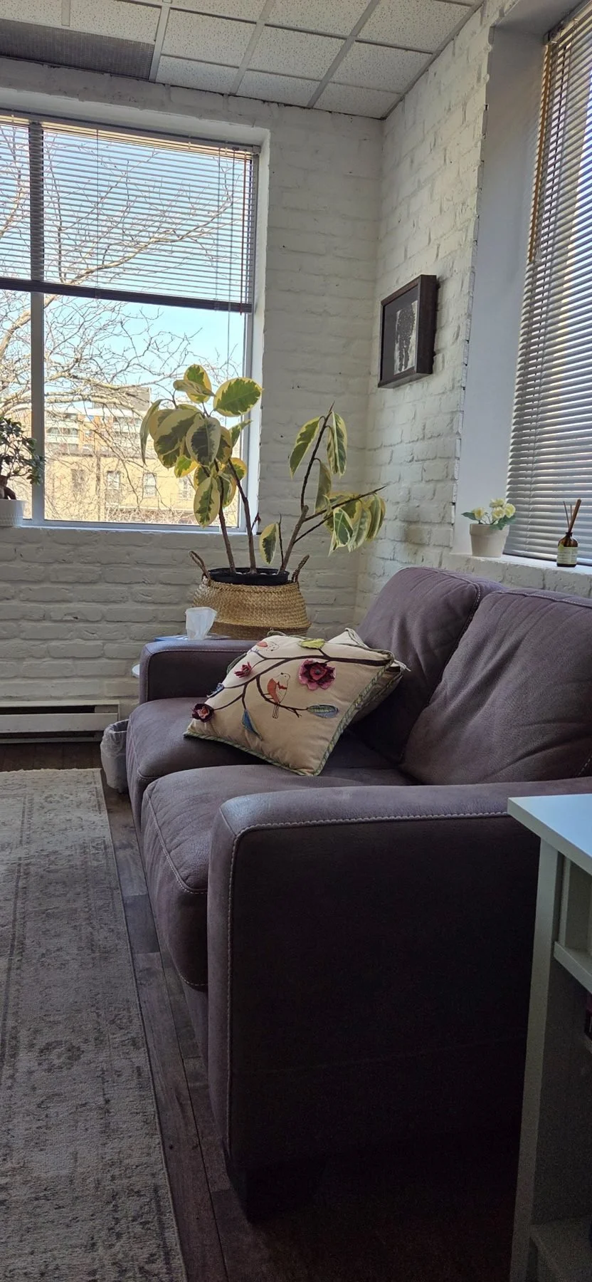 A cozy living room with a purple sofa, a decorative pillow with bird and flower embroidery, potted plants on the windowsill and a side table, sunlight streaming through the windows, and a white brick wall.