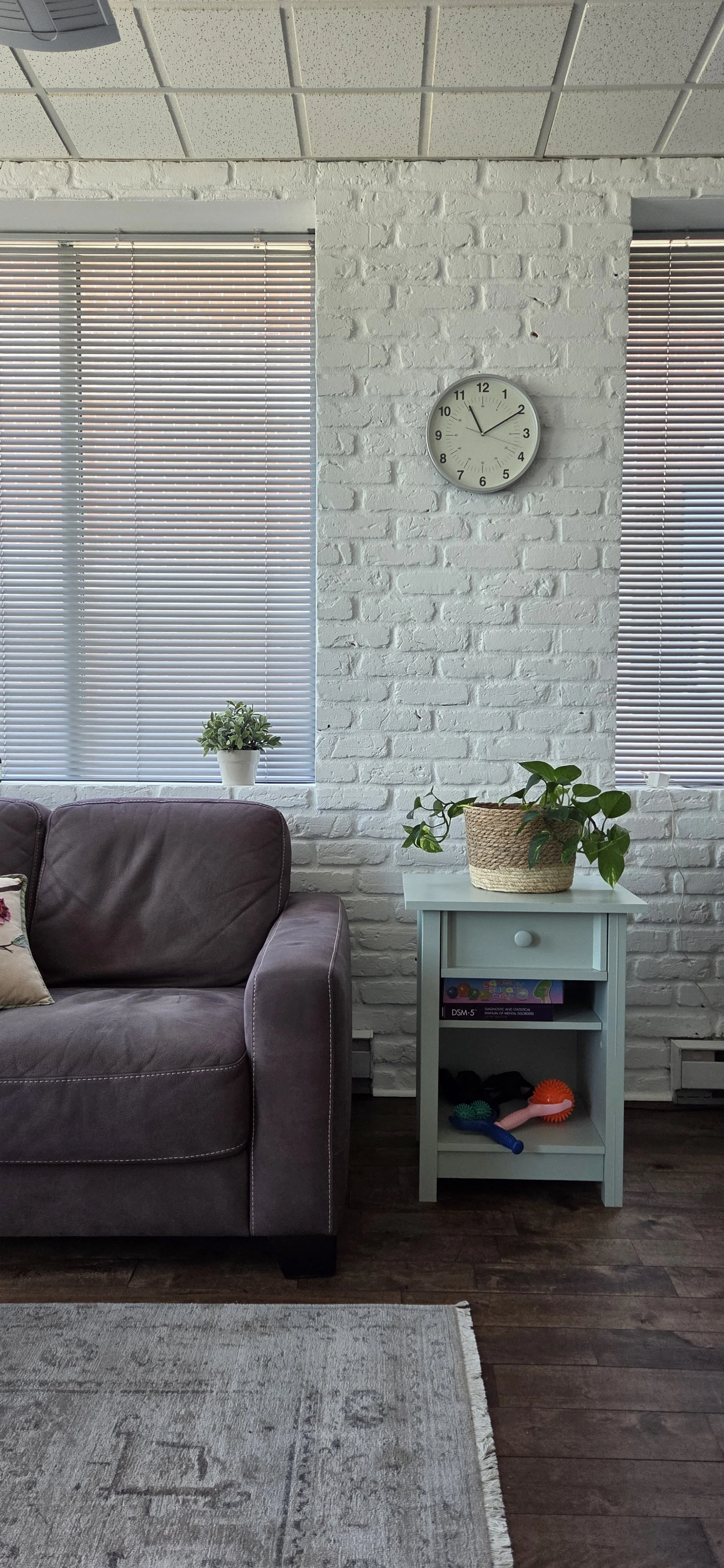 Indoor room with white painted brick wall, two windows with blinds, a wall clock showing approximately 11:09, a purple sofa with a decorative pillow, a small white table with a potted plant, a few toys, and a light-colored rug on dark wooden floor.