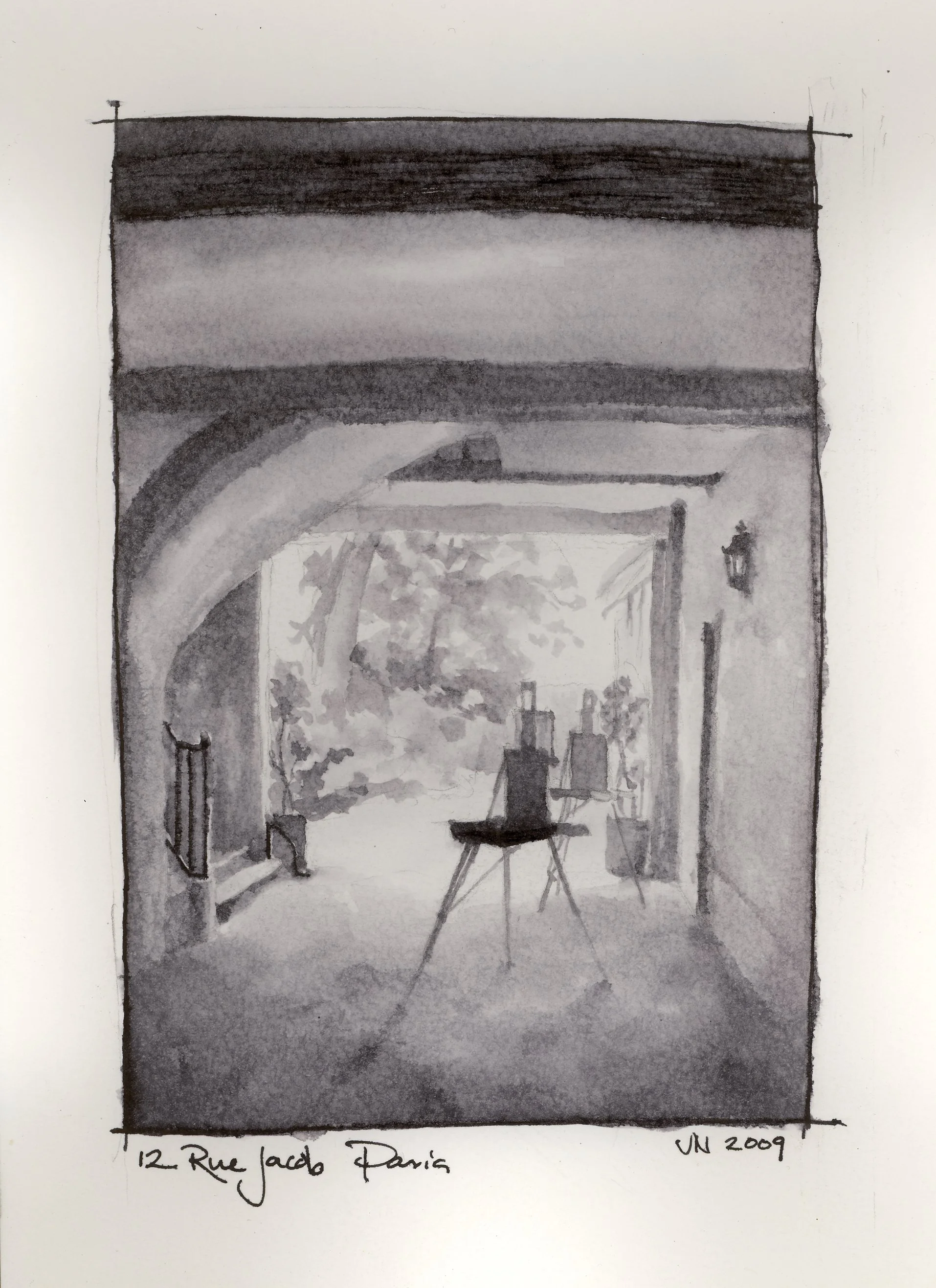 "12 Rue Jacob, Easels"
9 x 8 1/2"
ink on paper
2009
