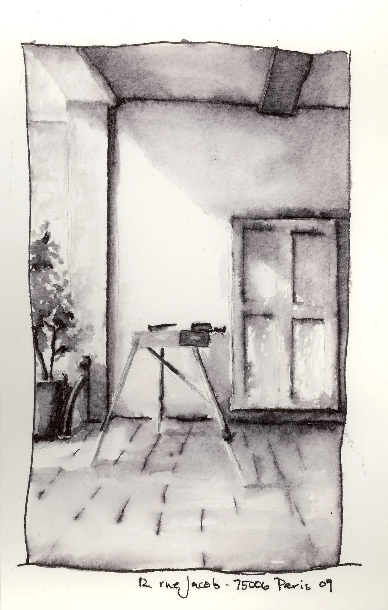 "12 Rue Jacob, Easel"
7 x 4 1/4"
ink on paper
2009