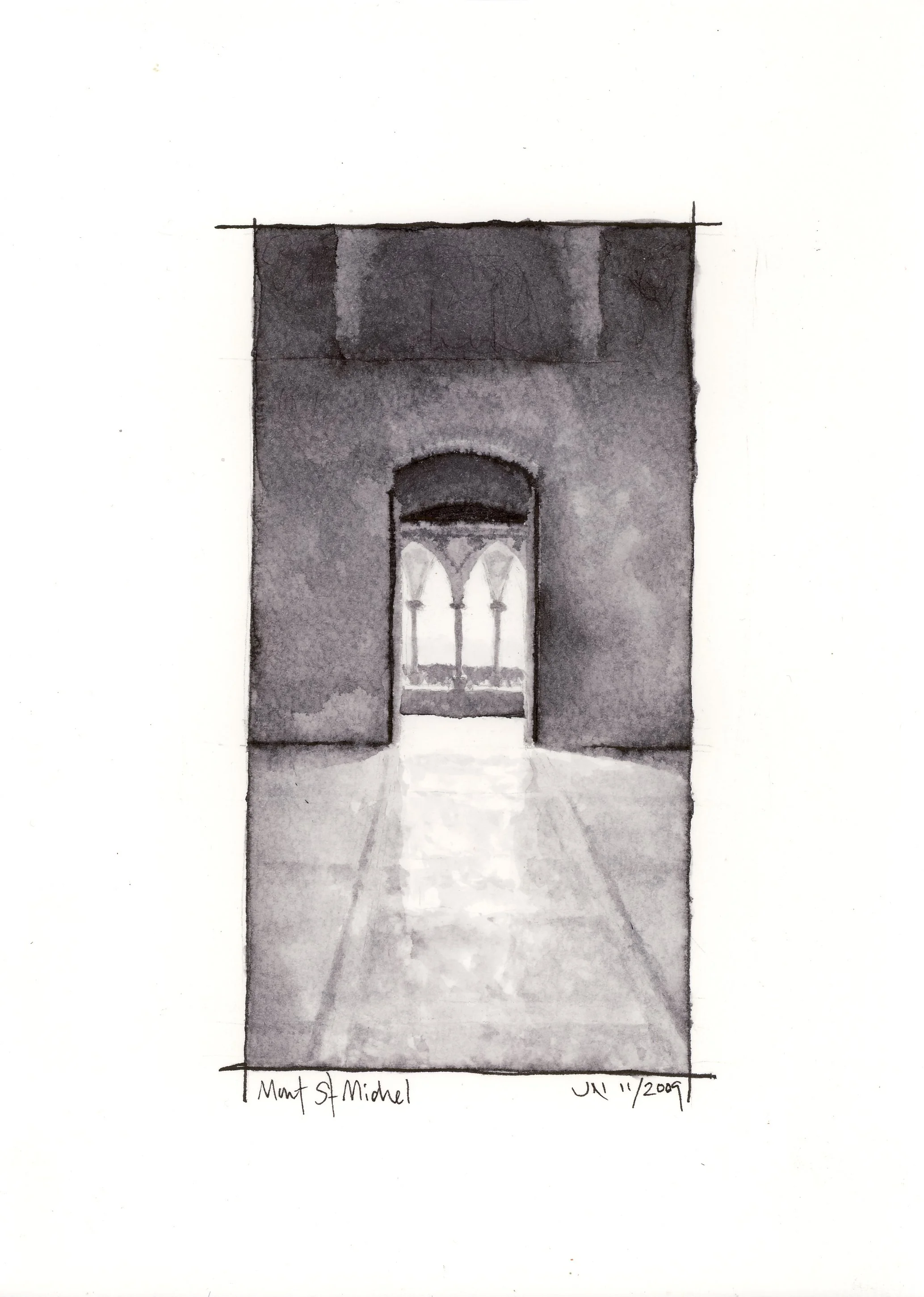 "Cloister, Mont St. Michel"
6 1/4 x 3 1/4"
ink on paper
2009
SOLD
