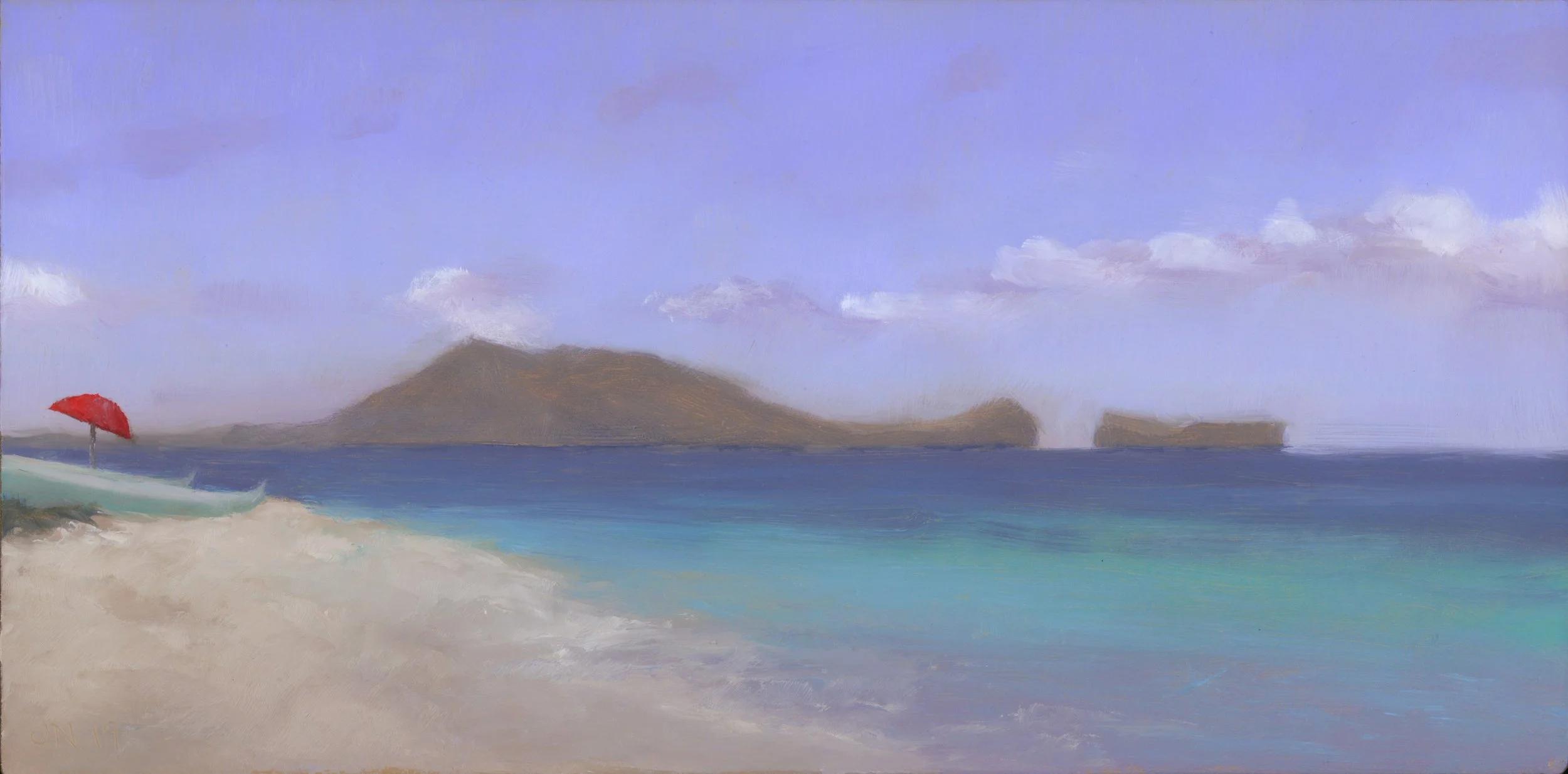 Outriggers and Red Umbrella, Lanikai
4x8"
oil on panel
2019