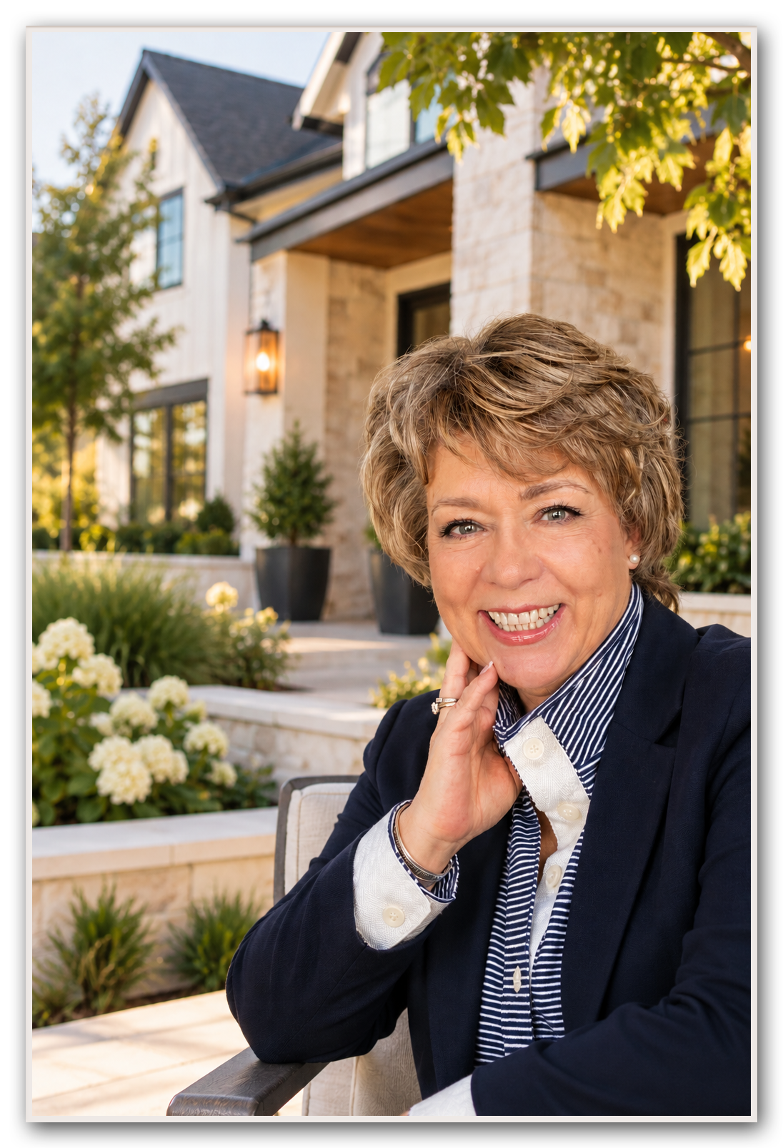 A middle-aged woman with short, curly blonde hair smiling while sitting outdoors in front of a modern house with stone walls and large windows, surrounded by greenery and white flowering plants.