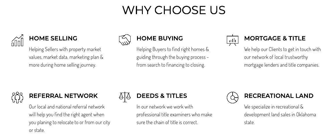 A flyer titled 'WHY CHOOSE US' with six sections: Home Selling, Home Buying, Mortgage & Title, Referral Network, Deeds & Titles, Recreational Land, each accompanied by icons and brief descriptions of services offered.