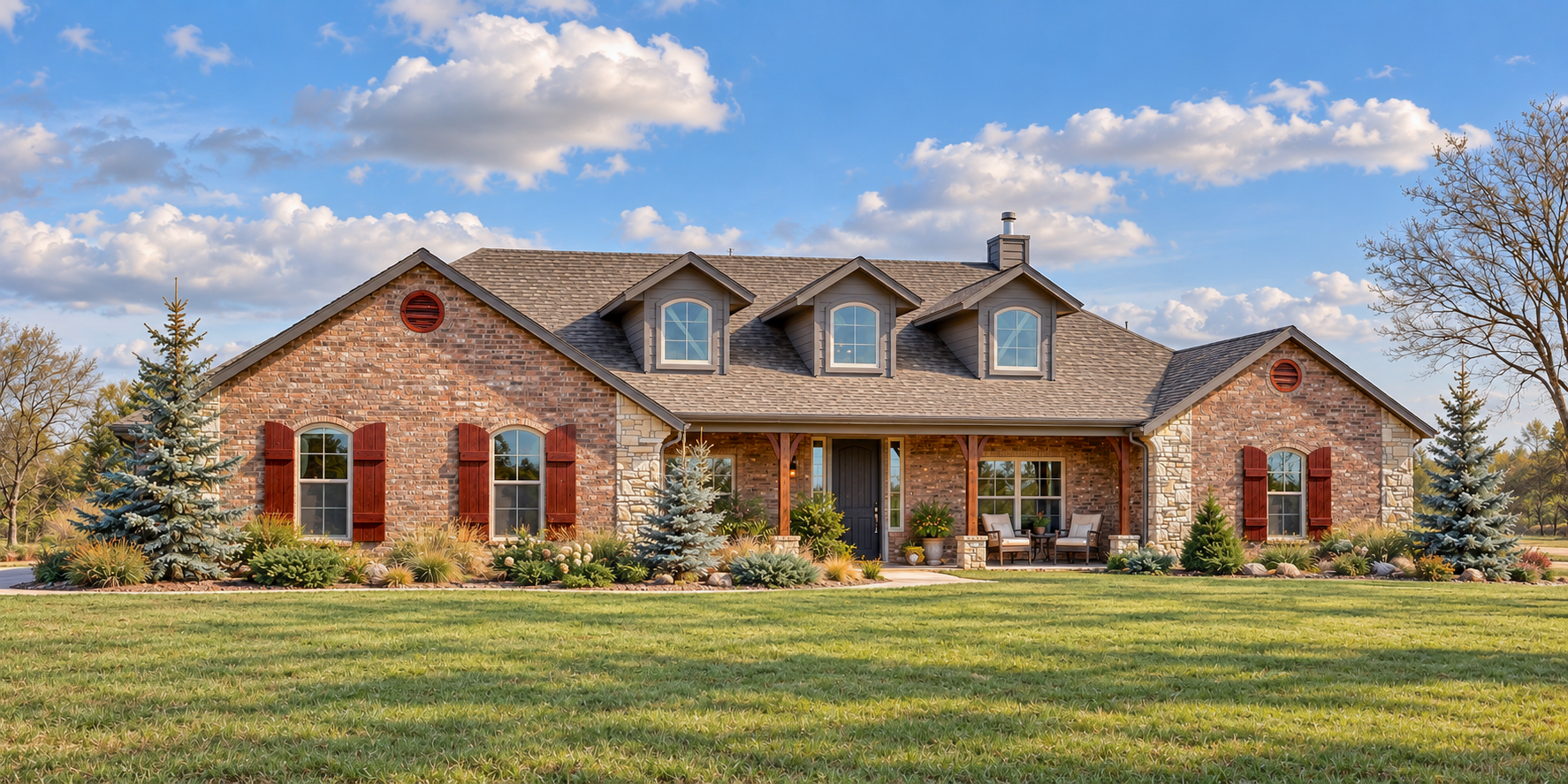 A spacious brick house with a gabled roof, three dormer windows, and a covered front porch with outdoor seating, surrounded by a well-maintained lawn and landscaped garden with small trees and shrubs, under a partly cloudy sky.