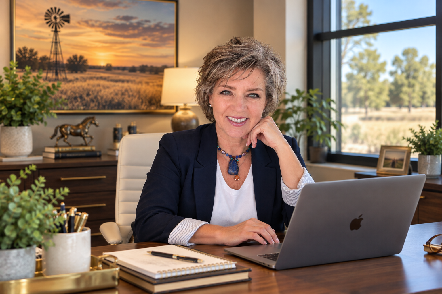 A woman with short gray hair sitting at a desk in an office, smiling, with a laptop, notebooks, and office supplies in front of her. There are plants and framed pictures on the desk, and a large window with a view of trees outside.