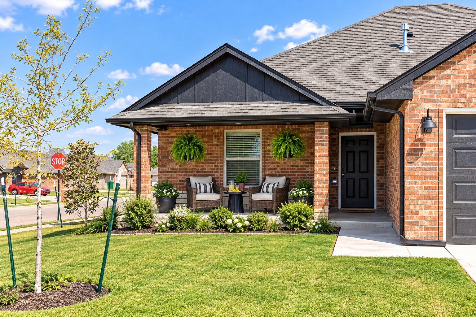 Covered front porch of a brick home with seating, hanging flower baskets, and landscaping surrounding the entry.