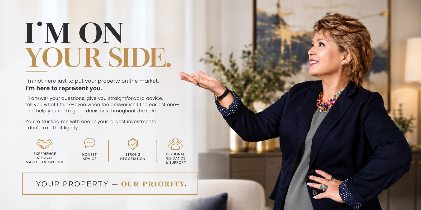 A woman in a navy blazer smiling and gesturing with her right hand, standing in a modern, well-lit interior with a decorative plant and artwork in the background. Next to her is a text overlay about real estate services.
