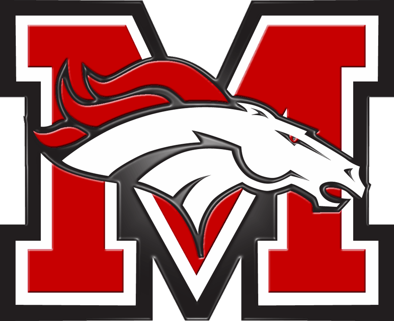 Mustang Broncos school athletics logo featuring a red letter M with a white, black, and red stylized bronco head.