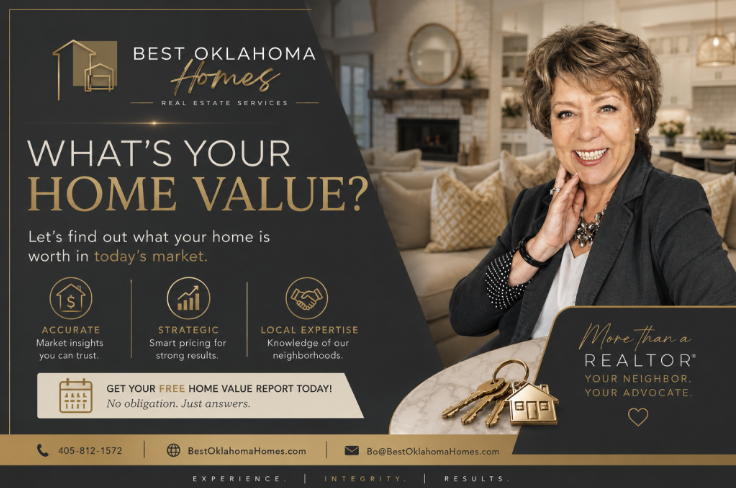 Best Oklahoma Homes home valuation graphic featuring Bo Kociuba of McGraw Realtors and information about requesting a local real estate market analysis.