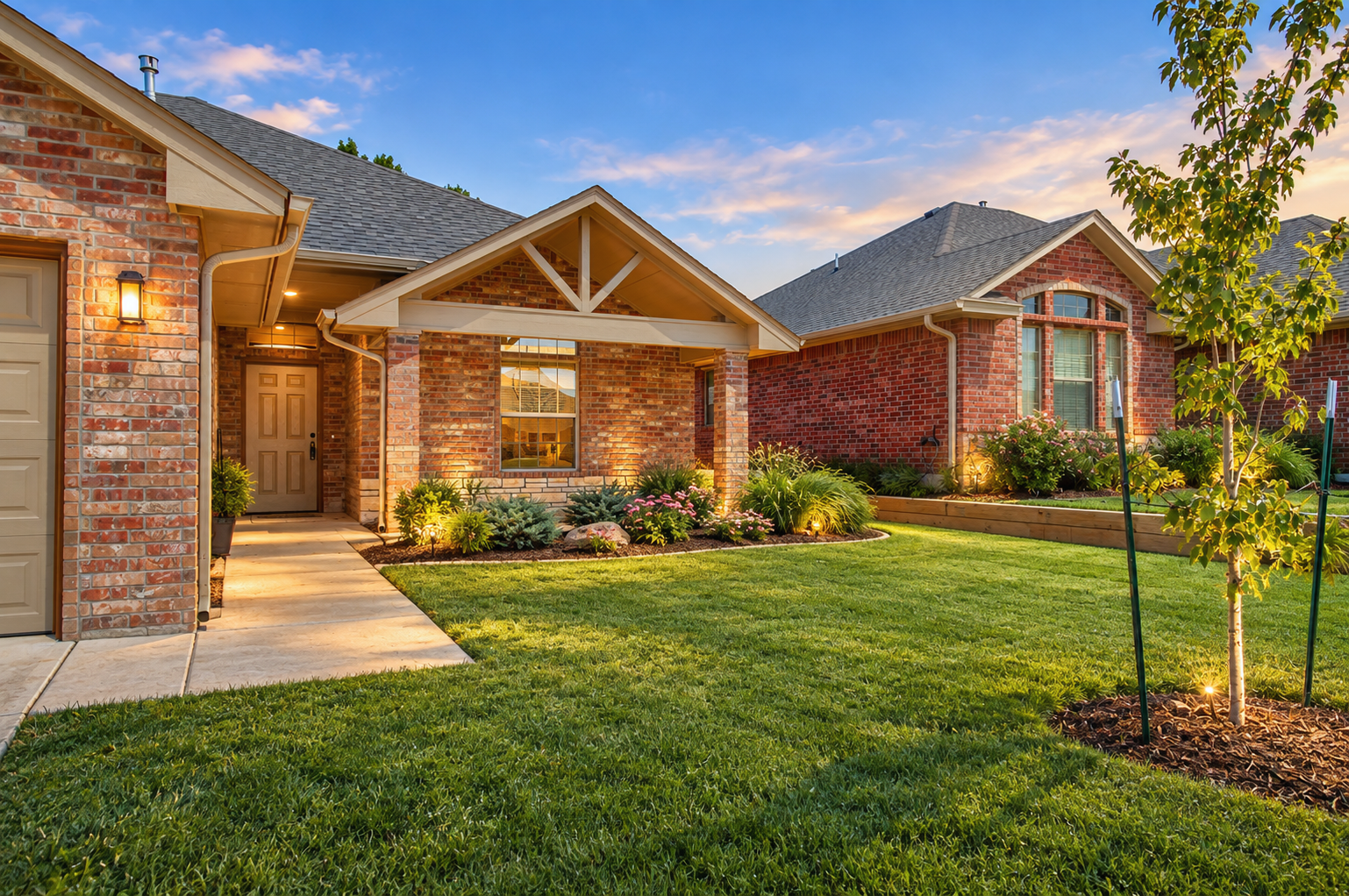 Brick home with a covered front porch, landscaped lawn, and ornamental trees illuminated by warm evening sunlight.