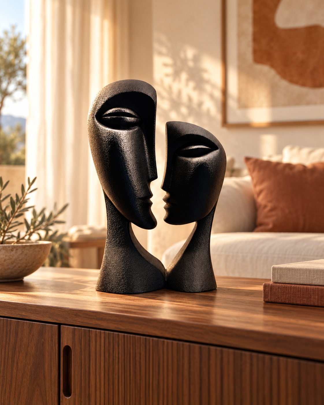 Sculptural black face duo in warm interior.png